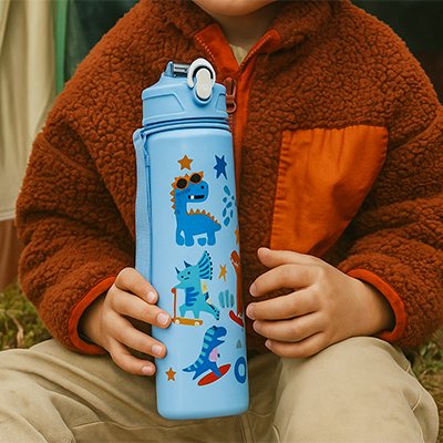 Gourde enfant bleue entre mains jeune garçon dehors
