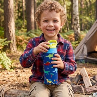 Gourde enfant dans mains petit garçon camping