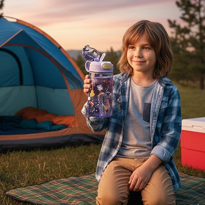 Gourde enfant violette dans mains fillette
