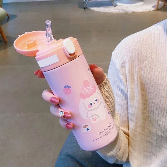 Gourde isotherme enfant rose ouverte paille