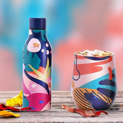 Gourde isotherme turquoise et rose avec gobelet