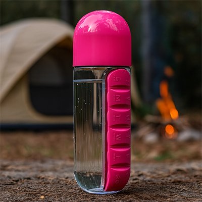 Gourde plastique rose sur sol en plein air