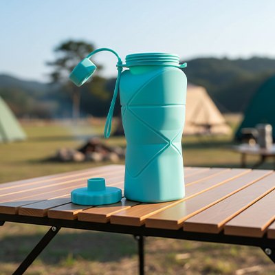 Gourde pliable bleue sur table pique-nique camping