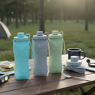 Gourde pliable en trois différentes couleurs sur table plein air