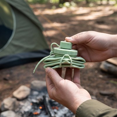 Gourde pliable verte complètement pliée attachée avec cordon