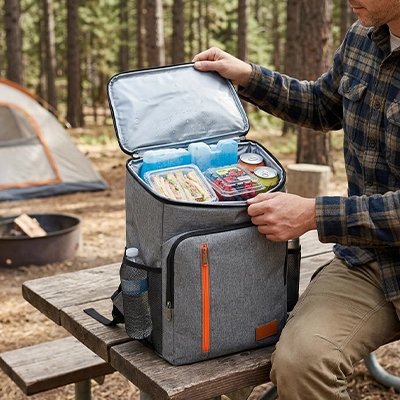 Grande ouverture sac a dos isotherme gris avec zipper orange