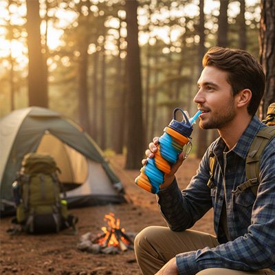 Homme assis près tente camping boit gourde pliable orange