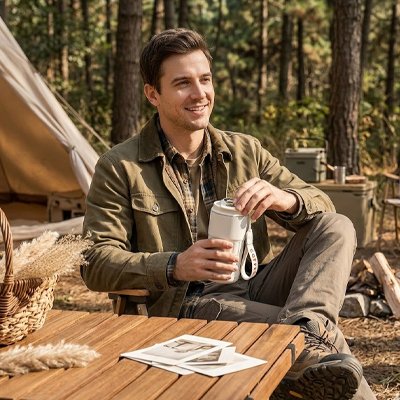 Homme assis table camping tient mug isotherme blanc