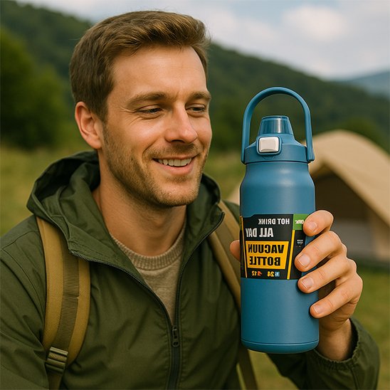 Homme avec bouteille isotherme bleu