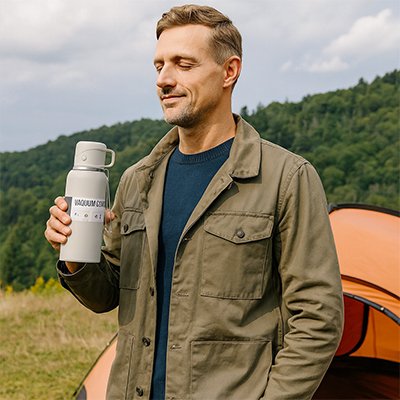 Homme avec bouteille isotherme camping