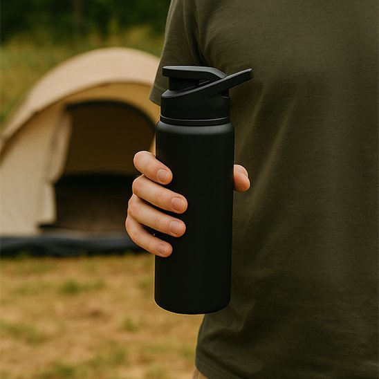 homme avec l'une des gourdes isothermes camping