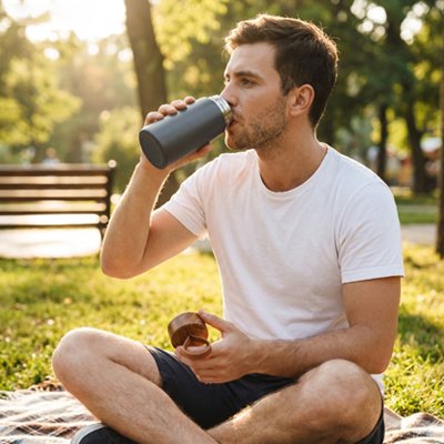 Homme boit avec gobelet isotherme vert pique-nique