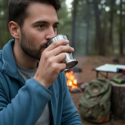 Homme boit avec gobelet pliable 250 ml camping sauvage