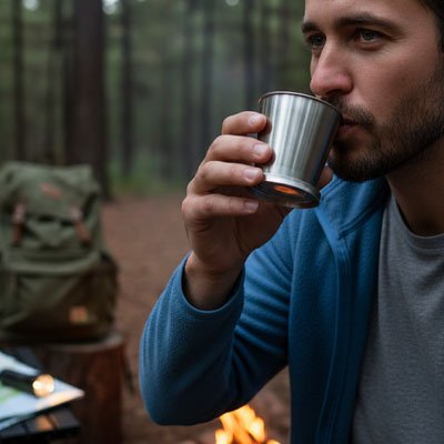 Homme boit avec gobelet pliable camping sauvage