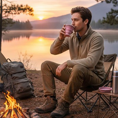 Homme boit avec gobelet pliable rose bord lac camping