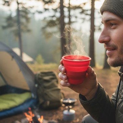 Homme boit avec gobelet pliable rouge en plein air