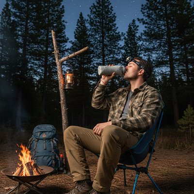 Homme boit avec gourde pliable grise camping
