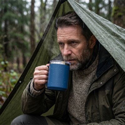 Homme boit avec tasse isotherme bleue foncée plein air