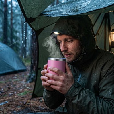 Homme boit boisson chaude mug isotherme rose camping