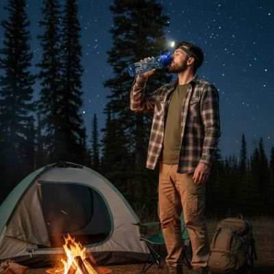 Homme boit gourde plastique bleue foncé soirée feu camping