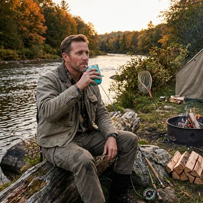 Homme boit mug isotherme vert camping automne