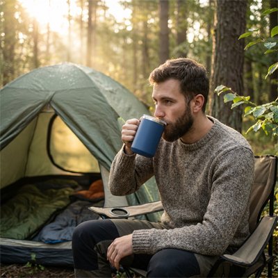 Homme boit tasse isotherme bleue foncée camping sauvage