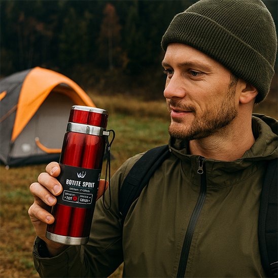Homme camping avec bouteille isotherme