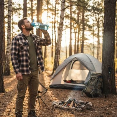 Homme camping boit avec gourde plastique bleue 
