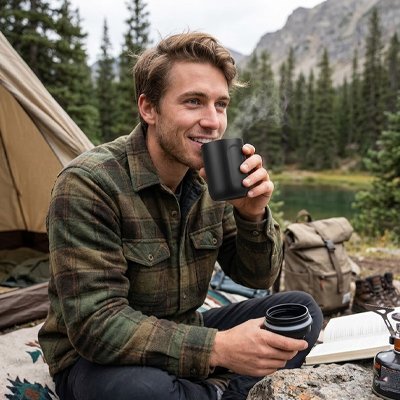 Homme camping boit avec mug isotherme noir 