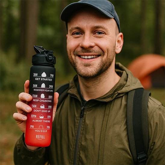 Homme camping tient gourde plastique noire et rouge 