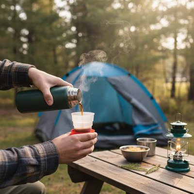 Homme camping verse café dans gobelet pliable
