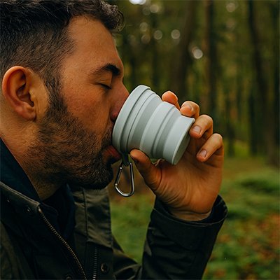 Homme dans forêt boit avec gobelet pliable vert 