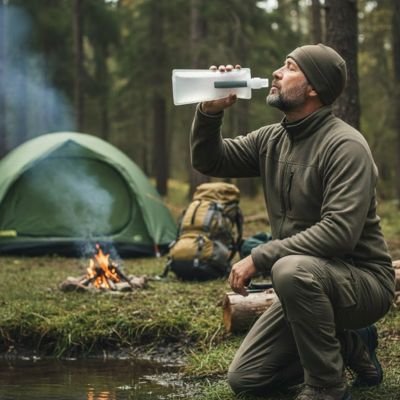 Homme en camping sauvage boit avec gourde filtrante 