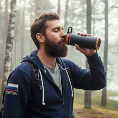 Homme excursion forêt boit gourde filtrante 