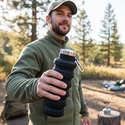 Homme excursion plein air tient gourde pliable noire
