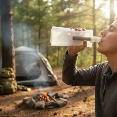 Homme passe nuit en forêt boit avec gourde filtrante