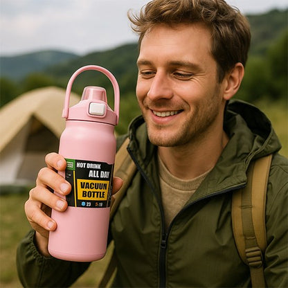 Homme plein air avec bouteille isotherme rose