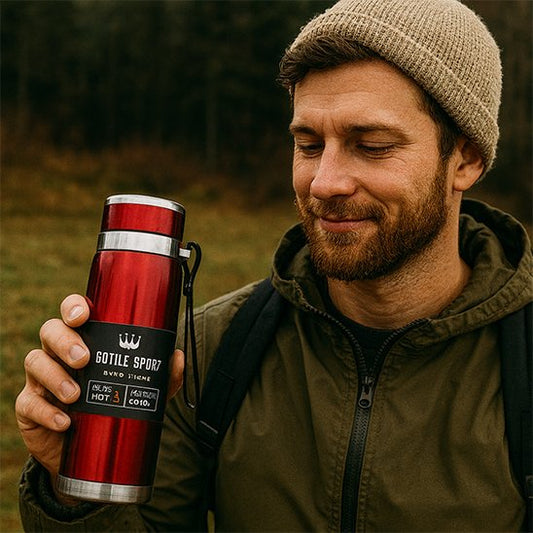 Homme plein air avec bouteille isotherme rouge