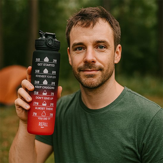 Homme plein air tient gourde plastique noire et rouge