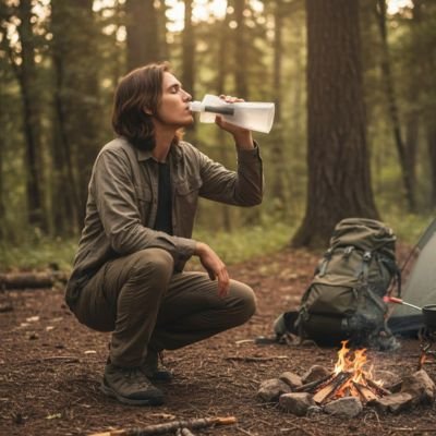 Homme près feu camping boit avec gourde filtrante 