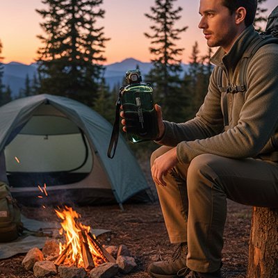 Homme près feu camping  tient gourde plastique verte