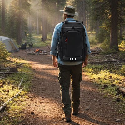 Homme promenade avec sac a dos isotherme 