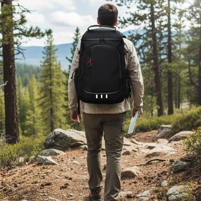 Homme randonnée avec sac a dos isotherme noir