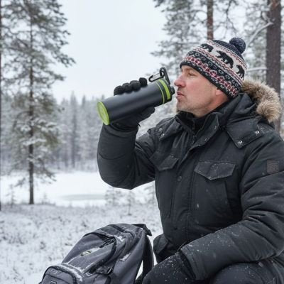 Homme randonnée d'hiver boit gourde filtrante 