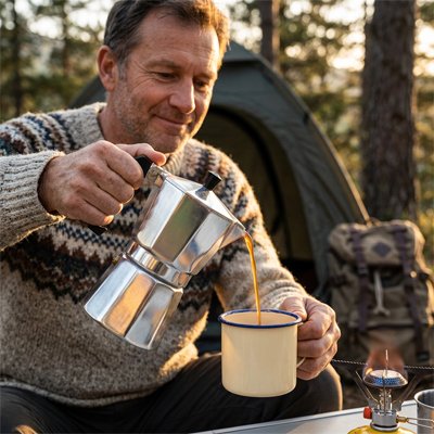 Homme se verse café avec cafetiere italienne 