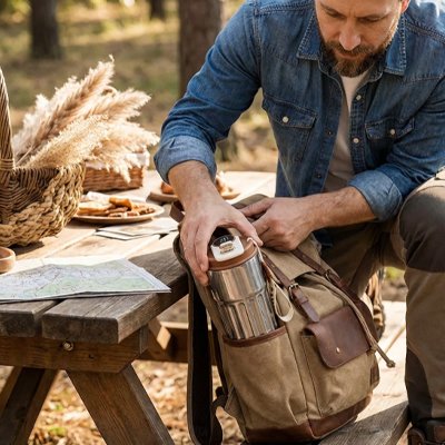 Homme serre tasse isotherme café dans pochette sac à dos