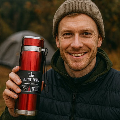 Homme souriant avec bouteille isotherme