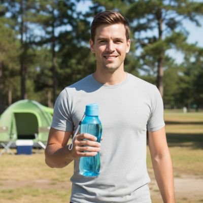 Homme souriant tient gourde plastique bleue camping