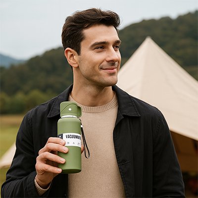 Homme tenant dans main bouteille isotherme