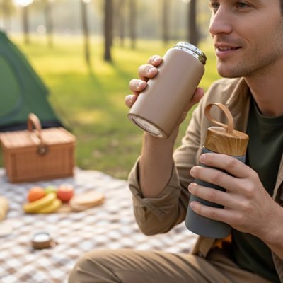 Homme tient gobelet isotherme marron et un autre vert